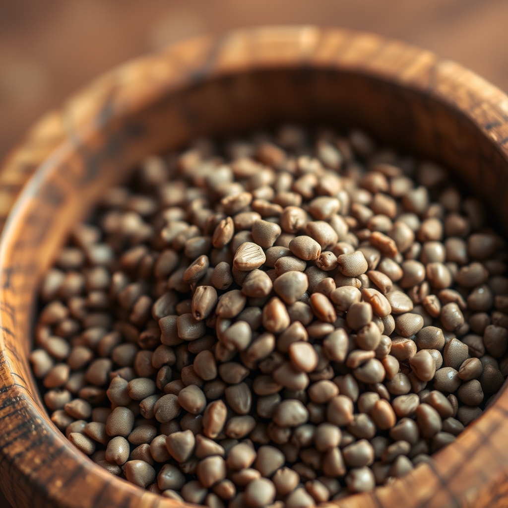 Close-up of dry chia seeds in a small wooden bowl with soft natural lighting