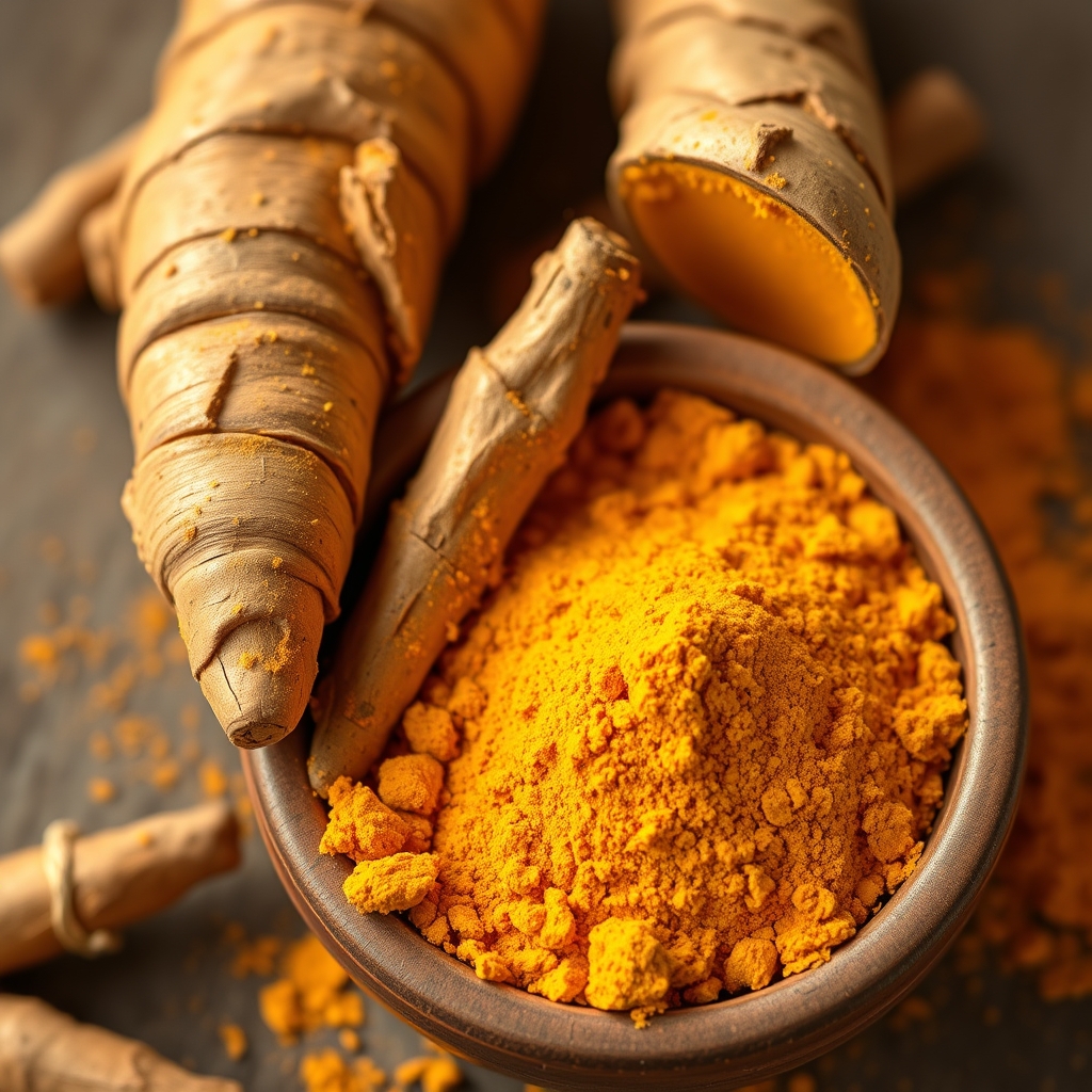 Turmeric root pieces and ground turmeric powder in a small earthen bowl with warm golden tones