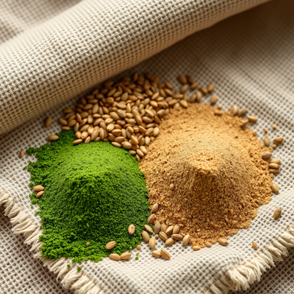 Chia seeds, ground flaxseed and spirulina powder arranged as ingredients on a natural linen cloth